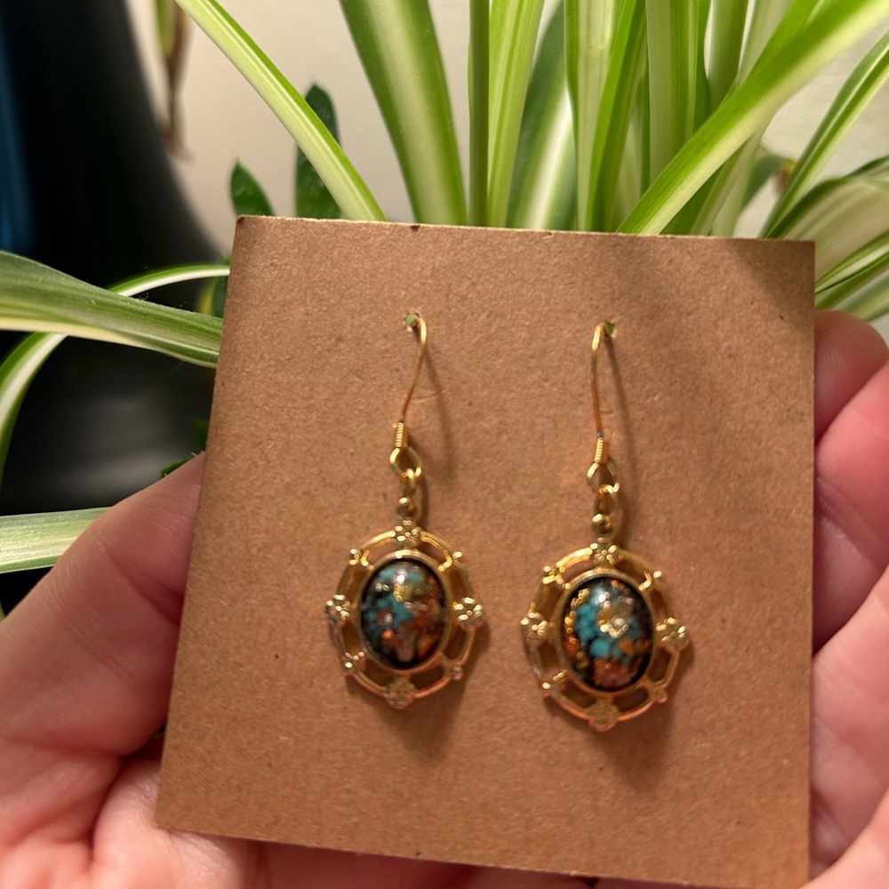 ✨ VTG, Rainbowflake Earrings Pierced Dangles Turquoise Gold Flakes - Picture 3 of 15